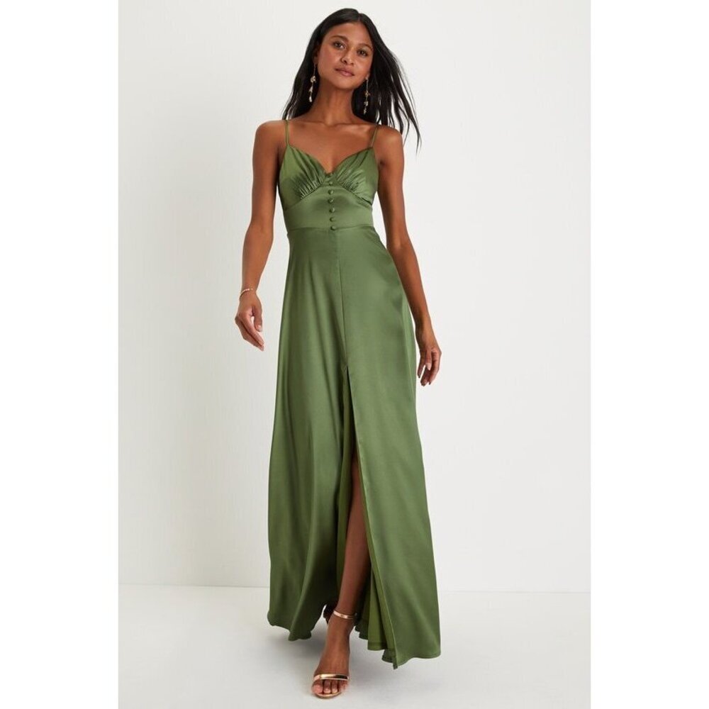 Olive Green Satin Sleeveless Maxi Dress wedding guest bridesmaid